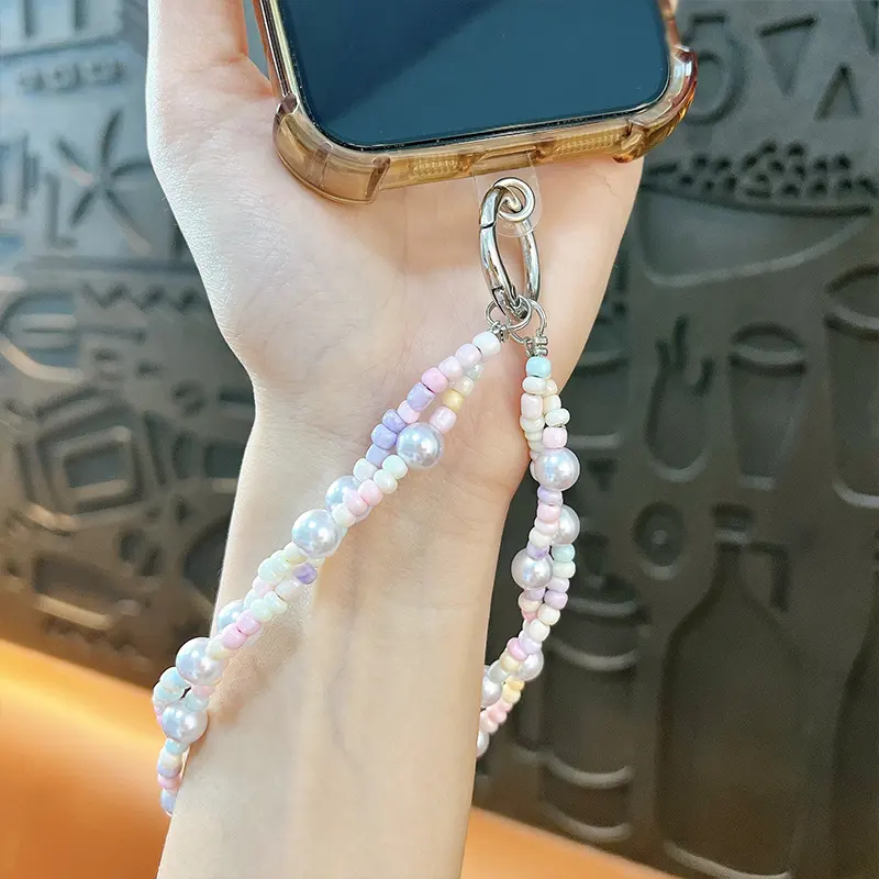 twist double‑strand beaded phone pendant keychain pastel imitation pearl beaded phone charm