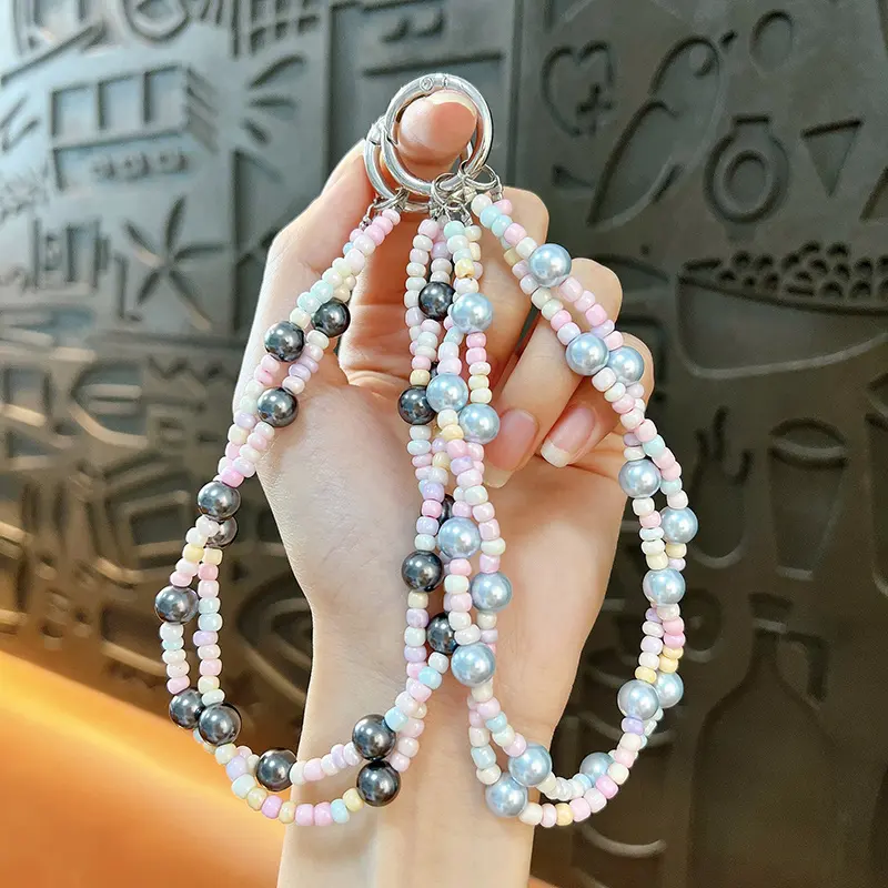 twist double‑strand beaded phone pendant keychain pastel imitation pearl beaded phone charm