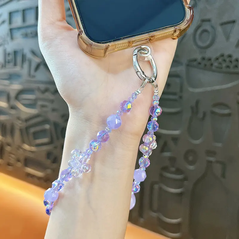 crystal flower petal beaded phone pendant keychain light purple flower beaded phone charm