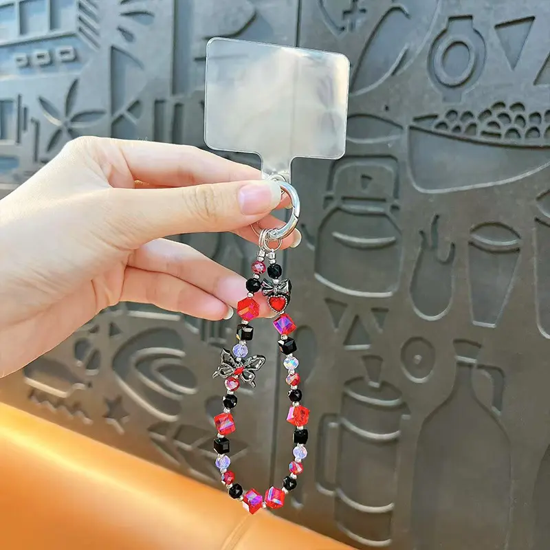 red black butterfly crystal beads mobile phone chain beaded phone charm
