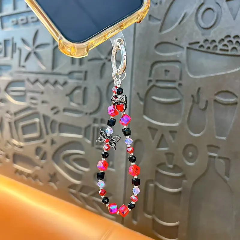 red black butterfly crystal beads mobile phone chain beaded phone charm
