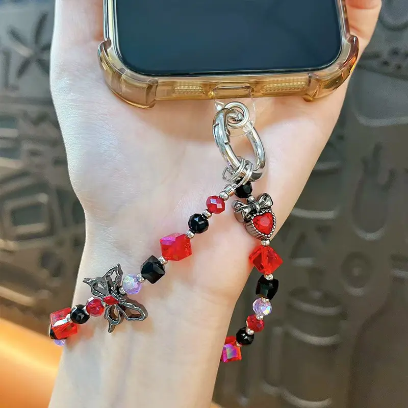 red black butterfly crystal beads mobile phone chain beaded phone charm
