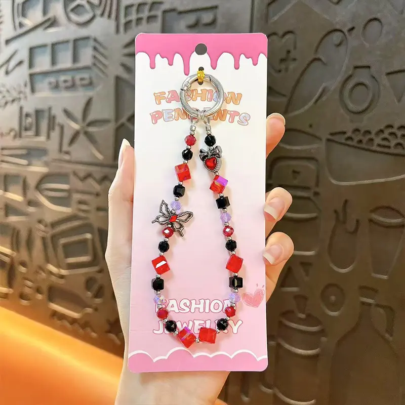red black butterfly crystal beads mobile phone chain beaded phone charm