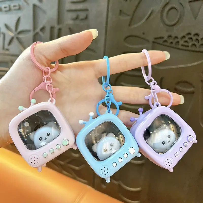 Creative Cat TV Keychain With Light, retro mini TV luminous cute cat bag pendant