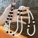 Transparent Bead Phone Chain, ins style pearl & transparent bead lanyard with floral rhinestone decoration