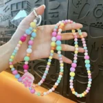 Transparent Bead Phone Chain, ins style pearl & transparent bead lanyard with floral rhinestone decoration