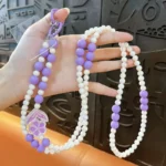 Transparent Bead Phone Chain, ins style pearl & transparent bead lanyard with floral rhinestone decoration