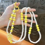 Transparent Bead Phone Chain, ins style pearl & transparent bead lanyard with floral rhinestone decoration