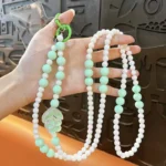Transparent Bead Phone Chain, ins style pearl & transparent bead lanyard with floral rhinestone decoration