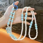 Transparent Bead Phone Chain, ins style pearl & transparent bead lanyard with floral rhinestone decoration