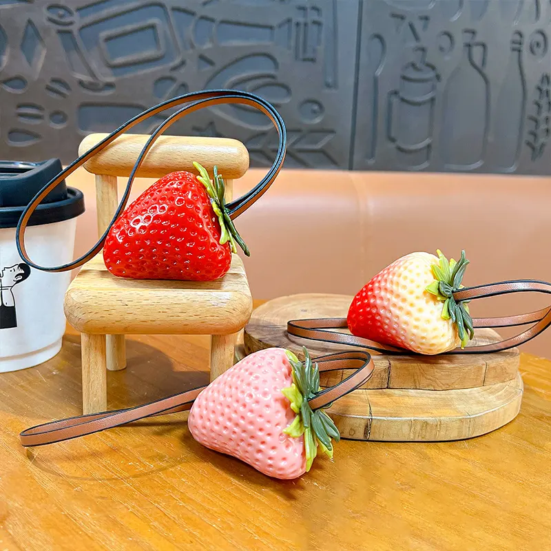 Seedless Big Strawberry Pendant With Leather Cord, realistic simulation strawberry decorative bag charm