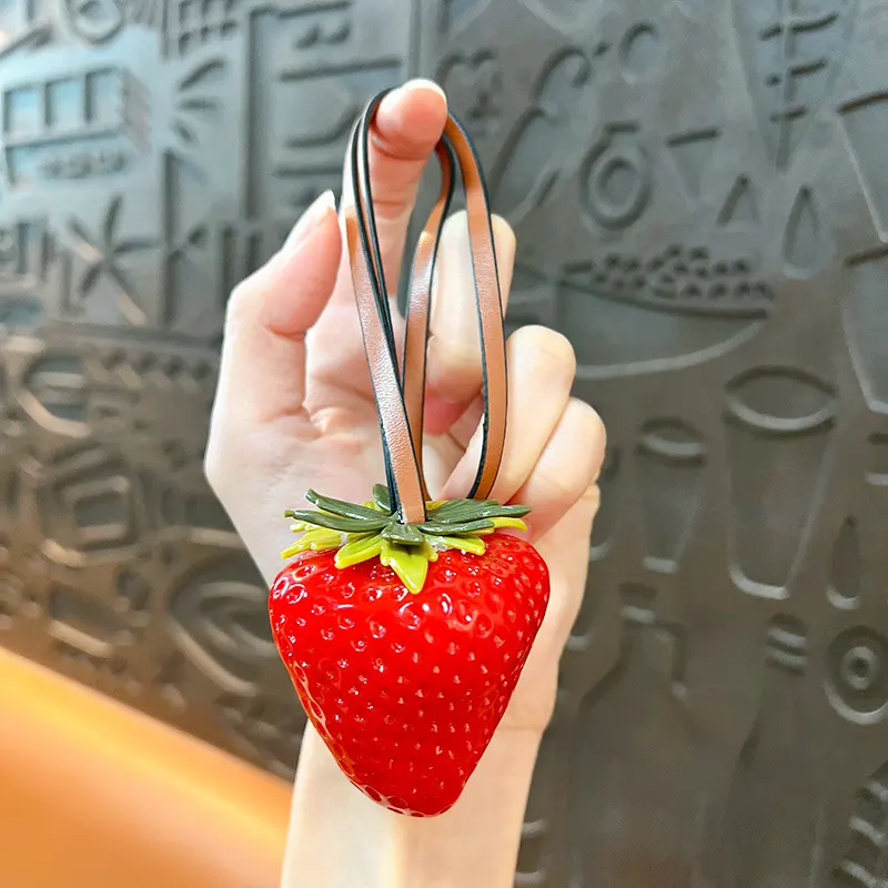 Seedless Big Strawberry Pendant With Leather Cord, realistic simulation strawberry decorative bag charm