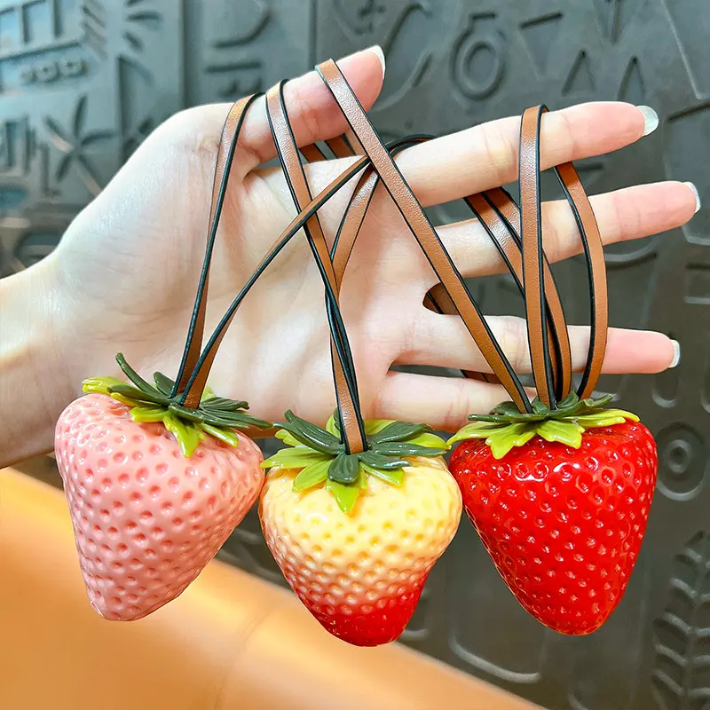 Seedless Big Strawberry Pendant With Leather Cord, realistic simulation strawberry decorative bag charm