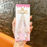Bow & Flower Beaded Lanyard, iridescent clear bead & faux pearl kawaii phone charm with bow pendant