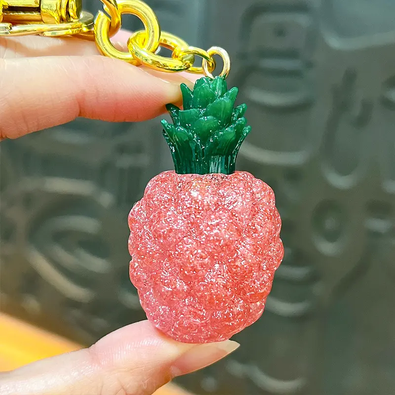 Glitter Pineapple Resin Keychain, sparkling glitter resin fruit bag charm with gold metal hardware