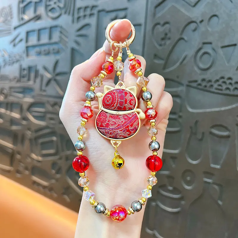 Song Brocade Double-Sided Lucky Cat Beaded Lanyard, traditional Chinese auspicious lucky cat crystal bead bag & phone charm