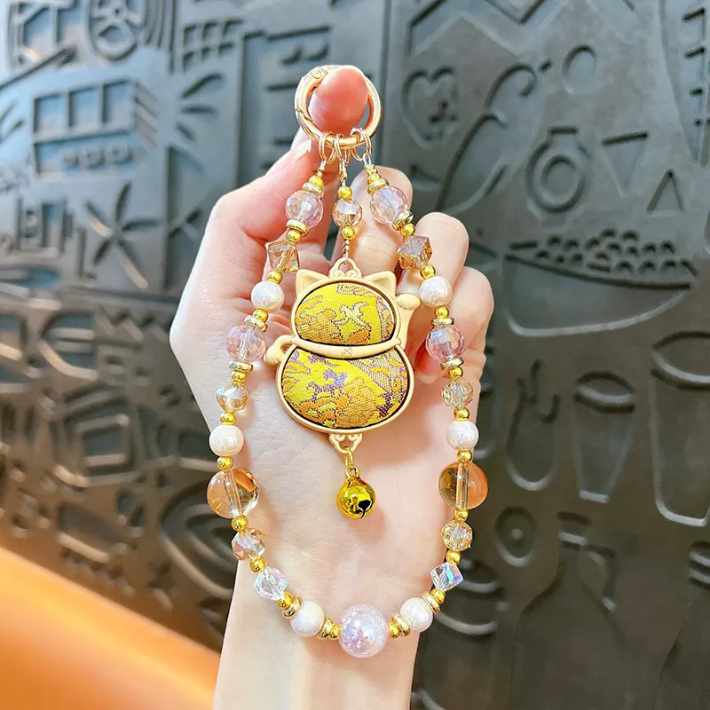 Song Brocade Double-Sided Lucky Cat Beaded Lanyard, traditional Chinese auspicious lucky cat crystal bead bag & phone charm