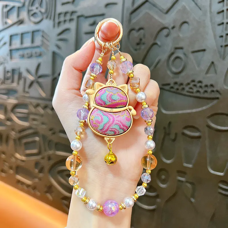 Song Brocade Double-Sided Lucky Cat Beaded Lanyard, traditional Chinese auspicious lucky cat crystal bead bag & phone charm