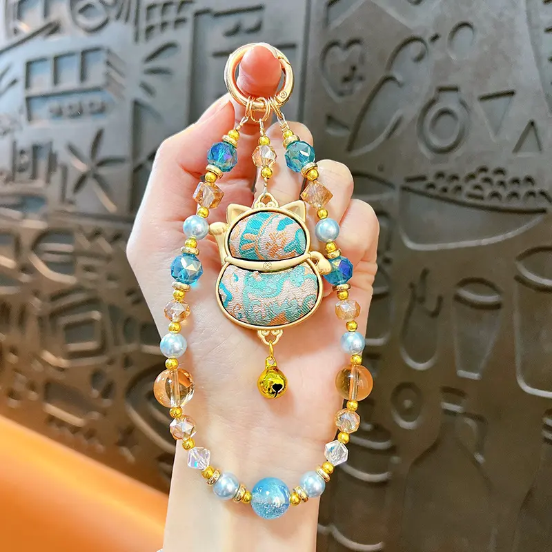 Song Brocade Double-Sided Lucky Cat Beaded Lanyard, traditional Chinese auspicious lucky cat crystal bead bag & phone charm