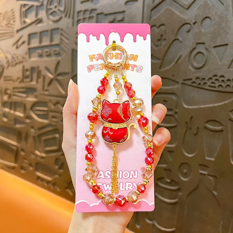 Double-Sided Lucky Cat Pendant Beaded Lanyard, oriental lucky cat crystal bead phone lanyard and bag charm