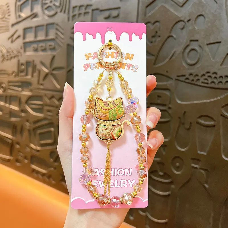 Double-Sided Lucky Cat Pendant Beaded Lanyard, oriental lucky cat crystal bead phone lanyard and bag charm