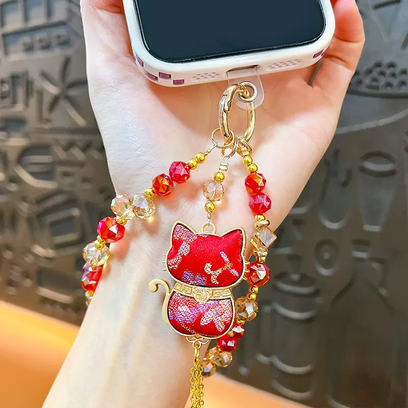 Double-Sided Lucky Cat Pendant Beaded Lanyard, oriental lucky cat crystal bead phone lanyard and bag charm