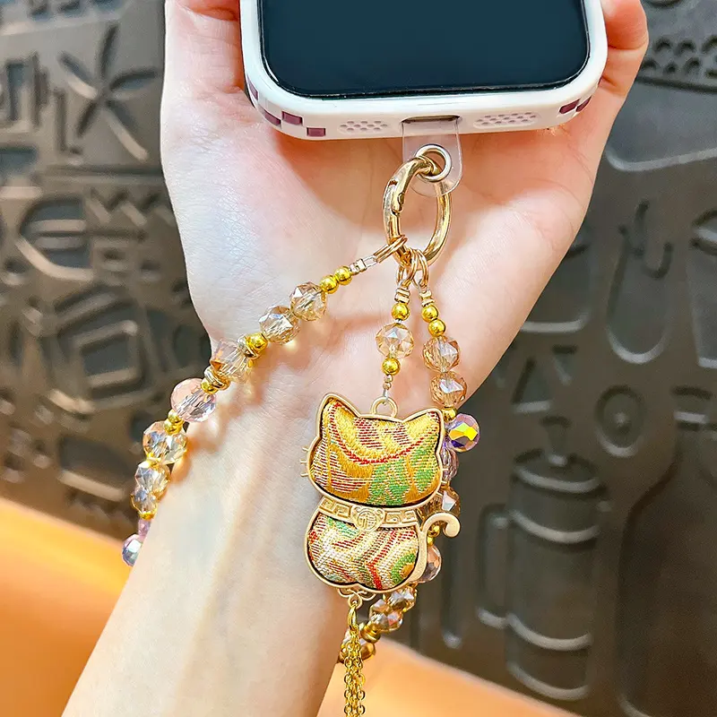 Double-Sided Lucky Cat Pendant Beaded Lanyard, oriental lucky cat crystal bead phone lanyard and bag charm