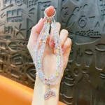Mermaid Tail Crystal Double Chain Beaded Keychain, sparkling crystal wrist strap with rhinestone mermaid tail bag charm