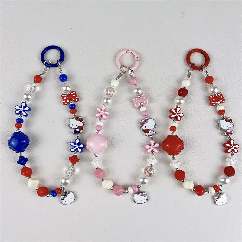 Hello Kitty Red & White Beaded Phone Chain, retro kawaii beaded wrist strap with Hello Kitty enamel charms
