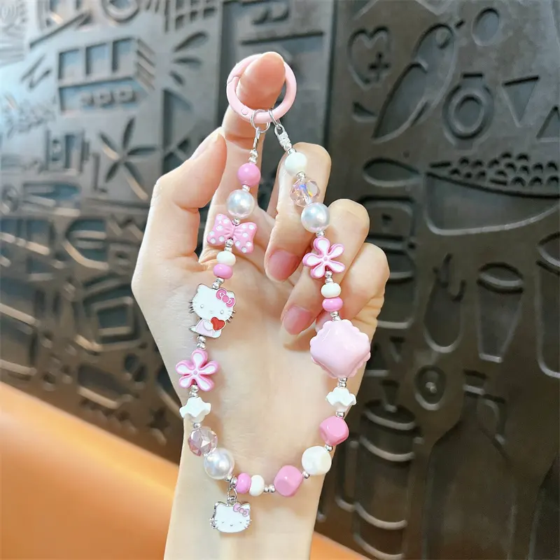 Hello Kitty Red & White Beaded Phone Chain, retro kawaii beaded wrist strap with Hello Kitty enamel charms