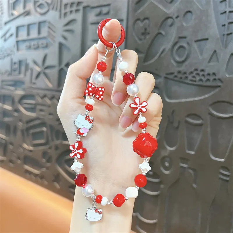Hello Kitty Red & White Beaded Phone Chain, retro kawaii beaded wrist strap with Hello Kitty enamel charms