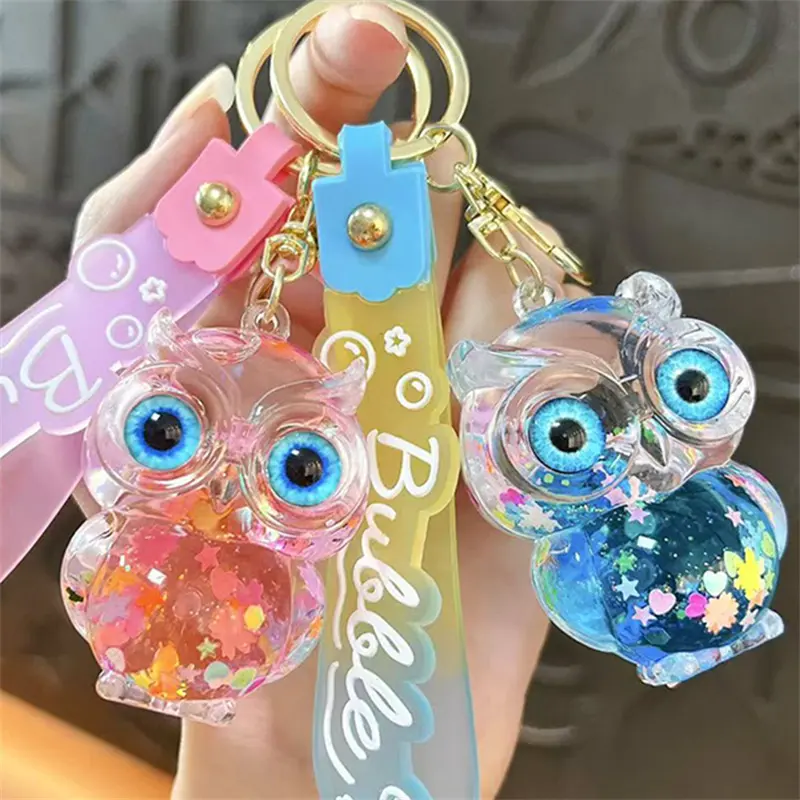 Cute Owl Keychain Oil-Filled Snowflake Design Adjustable Bubble Strap Mini Gift Bag Charm