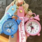Pink Cartoon Mini Alarm Clock Keychain with Good Luck Wrist Strap, Bag Decor Pendant