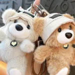 teddy bear hat plush keychain, soft stuffed animal bear backpack charm with lanyard