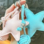 Pebbled Leather Star Bag Charm Keychain Minimalist Star Pendant With Braided Lanyard
