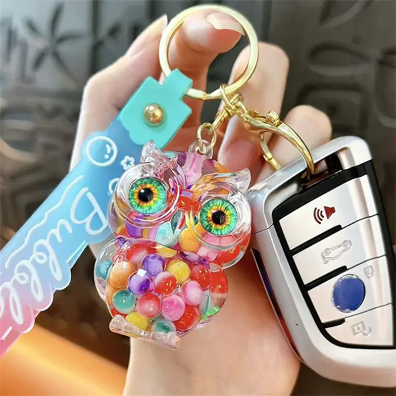 Cute Owl Keychain Oil-Filled Snowflake Design Adjustable Bubble Strap Mini Gift Bag Charm