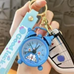 Pink Cartoon Mini Alarm Clock Keychain with Good Luck Wrist Strap, Bag Decor Pendant