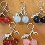 glitter cherry keychain, shiny resin fruit bag pendant with golden metal leaf