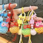 owl shaped lanyard keychain, cute beaded pom-pom owl bag charm for backpack