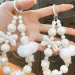 pearl crystal lanyard charm keychain, dreamy white beaded bag charm with bow and cloud ornament