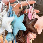 leather star bag keychain, minimalist braided lanyard star charm with woven ball ornament
