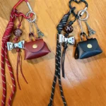 retro eiffel tower bag keychain, vintage woven lanyard with mini leather pouch bag charm