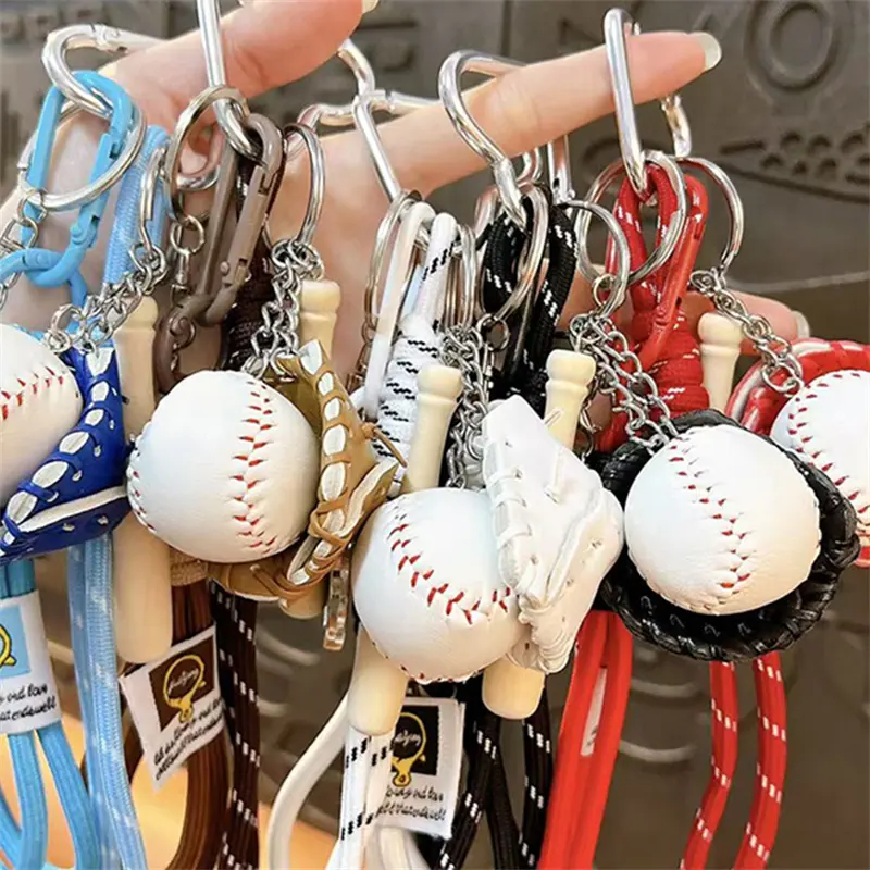 baseball fan sporty keychain, colorful woven rope bag charm with mini baseball bat and glove