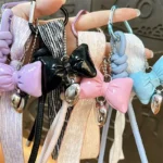 leather rope bowknot keychain, sweet ribbon tassel detachable bag charm with heart pendant
