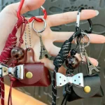 retro eiffel tower bag keychain, vintage woven lanyard with mini leather pouch bag charm