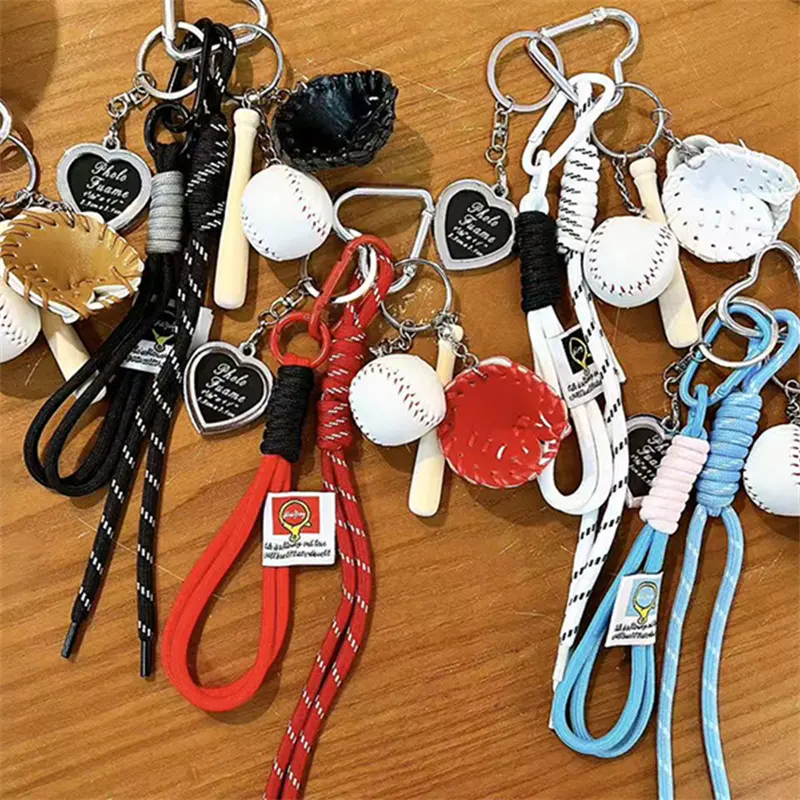 baseball fan sporty keychain, colorful woven rope bag charm with mini baseball bat and glove
