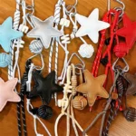 leather star bag keychain, minimalist braided lanyard star charm with woven ball ornament