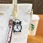 Pink Cartoon Mini Alarm Clock Keychain with Good Luck Wrist Strap, Bag Decor Pendant