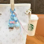 owl shaped lanyard keychain, cute beaded pom-pom owl bag charm for backpack