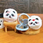 Cute Plush Panda Mirror Bag Charm Keychain Fluffy Cartoon Panda Plush Pendant With Folding Double‑Sided Makeup Mirror And Bell